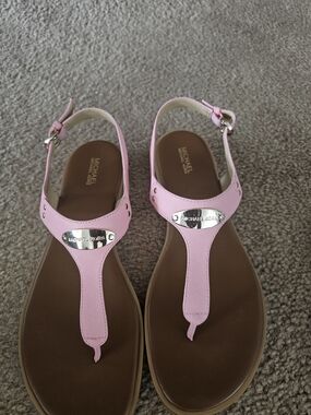 Michael Kors Pink Leather T-Strap Slingback Sandals with Silver Logo
